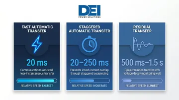 MTM switchgear transfer time comparison fast automatic staggered and residual transfer