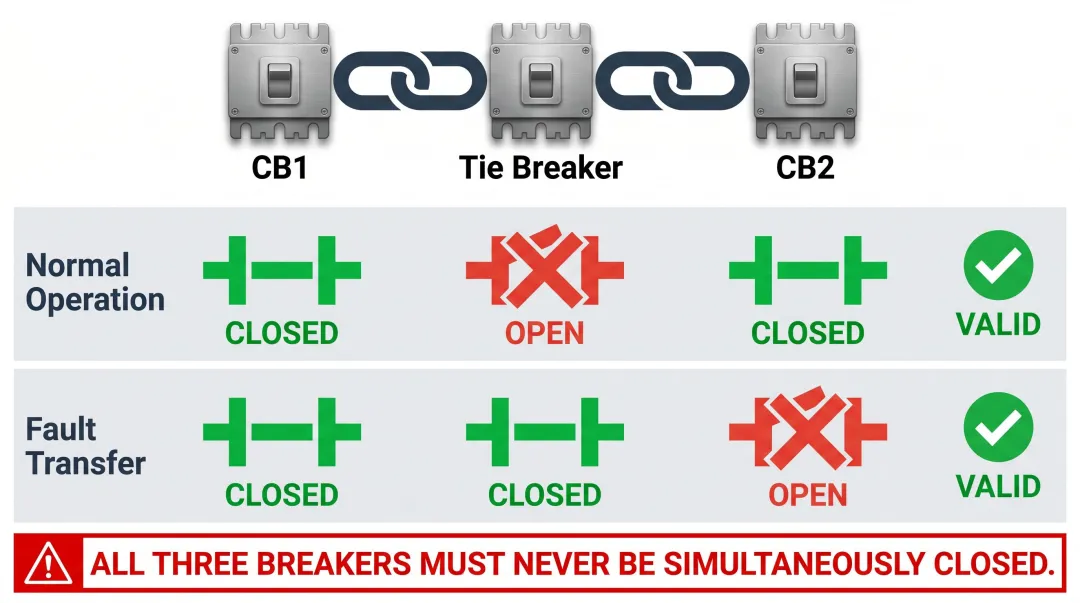 MTM three-way interlock scheme preventing simultaneous closure of CB1 tie and CB2 breakers
