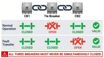 MTM three-way interlock scheme preventing simultaneous closure of CB1 tie and CB2 breakers