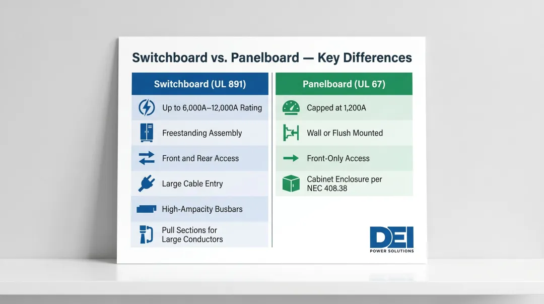 Switchboard versus panelboard side-by-side comparison of ratings construction and access