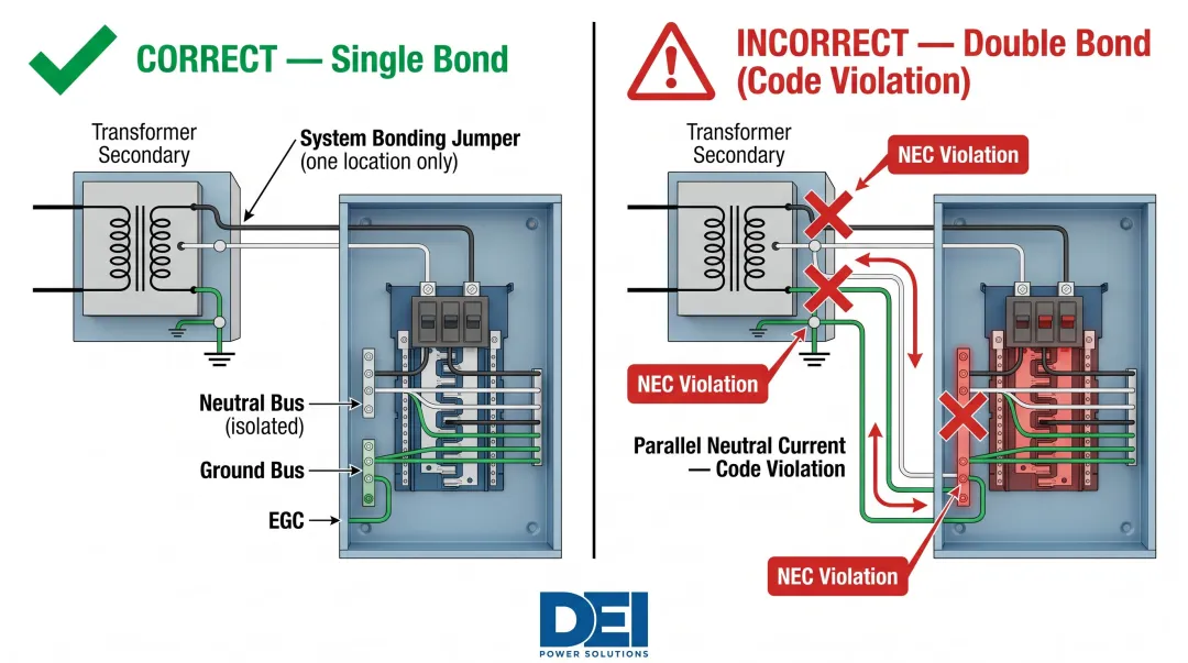 NEC 250.30 transformer separately derived system single-point bonding diagram correct versus incorrect