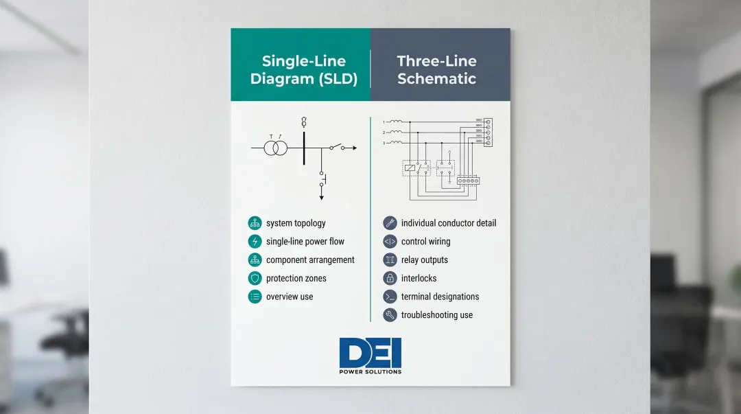 Single-line diagram versus three-line schematic diagram comparison of document types