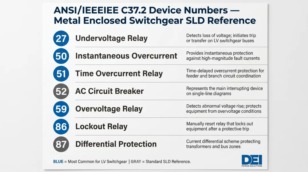 ANSI device numbers for metal enclosed switchgear protection relay functions chart
