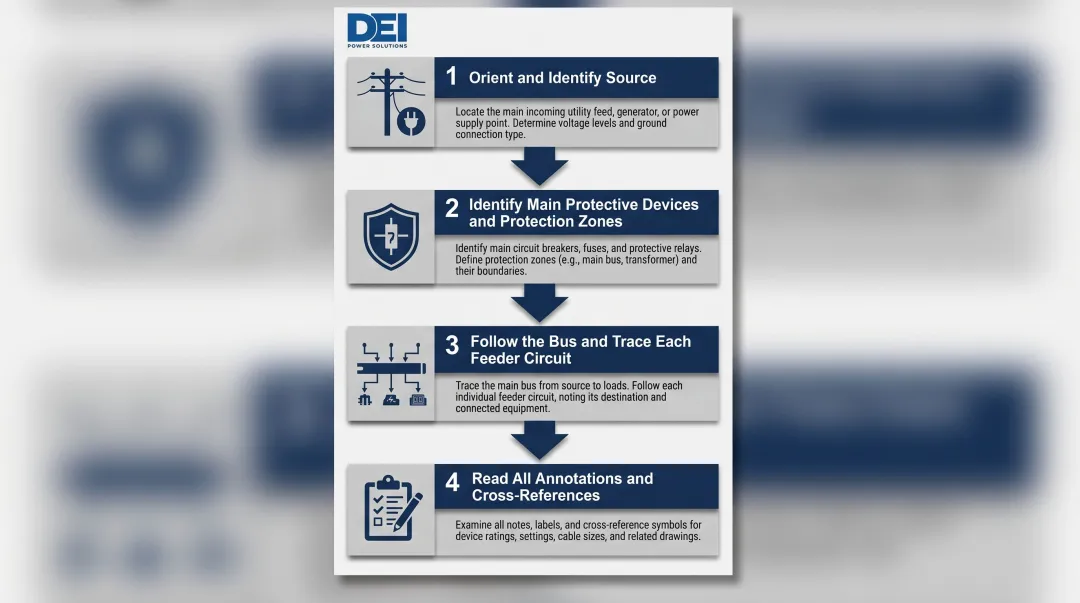 Four-step process for reading a metal enclosed switchgear single-line diagram
