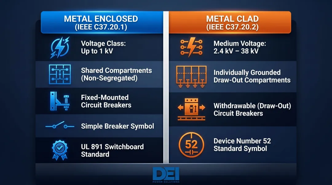 Metal enclosed versus metal clad switchgear structural differences comparison infographic