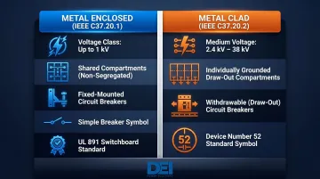 Metal enclosed versus metal clad switchgear structural differences comparison infographic