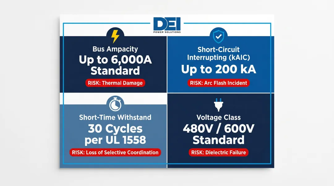 Four critical LV switchgear electrical ratings bus ampacity interrupting withstand voltage class