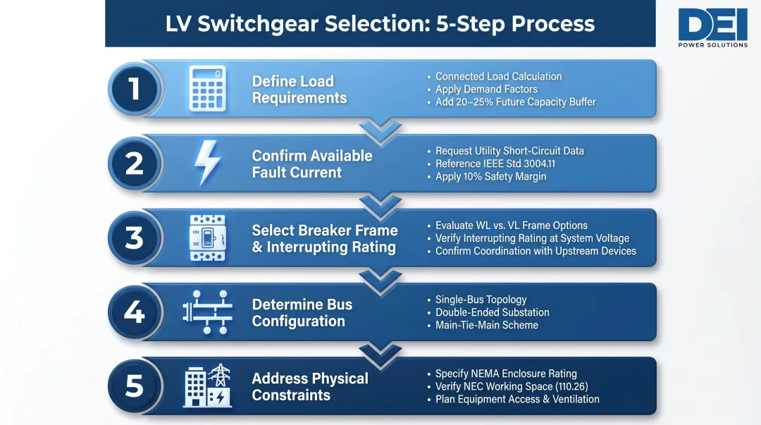 Five-step Siemens LV switchgear selection process flow from load requirements to physical constraints