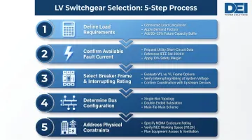 Five-step Siemens LV switchgear selection process flow from load requirements to physical constraints