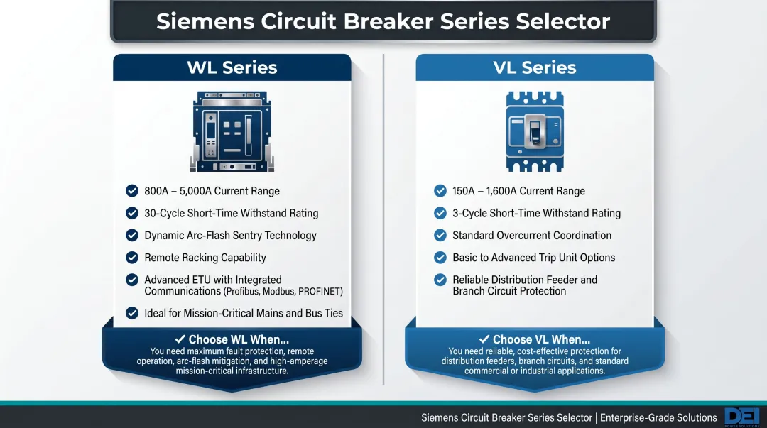 Siemens WL series versus VL series selection criteria side-by-side comparison infographic