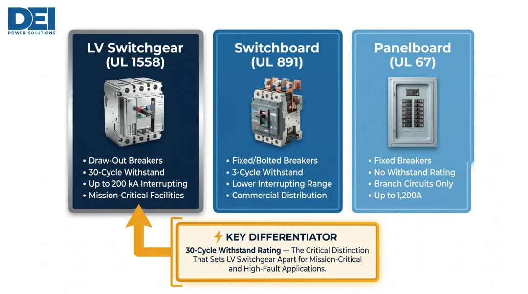 LV switchgear versus switchboard versus panelboard comparison chart key differences