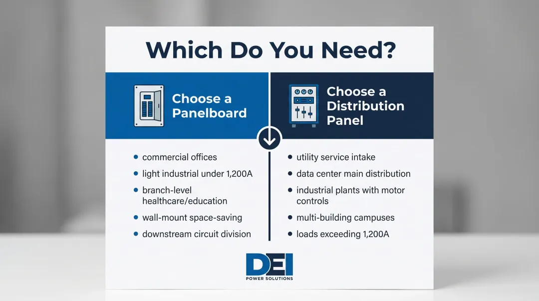 Panelboard versus distribution panel selection guide side-by-side comparison chart