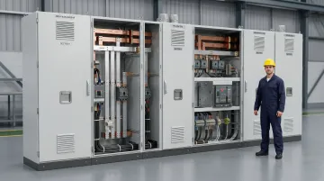 Large free-standing distribution switchboard assembly with modular sections and busbars
