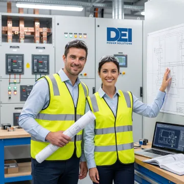 Engineers reviewing custom switchboard design plans