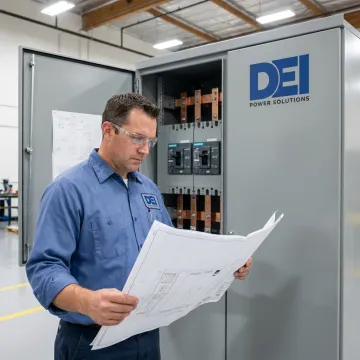 Engineer reviewing power distribution equipment plans
