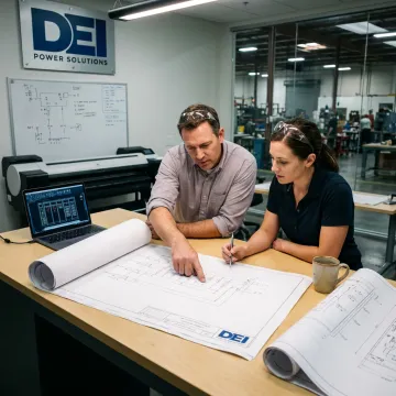 Engineers reviewing utility equipment design plans