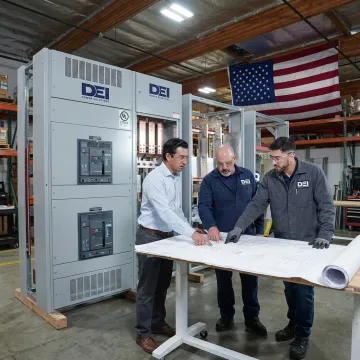 Engineers reviewing critical power switchgear plans
