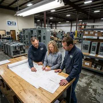 Engineers reviewing industrial switchgear systems