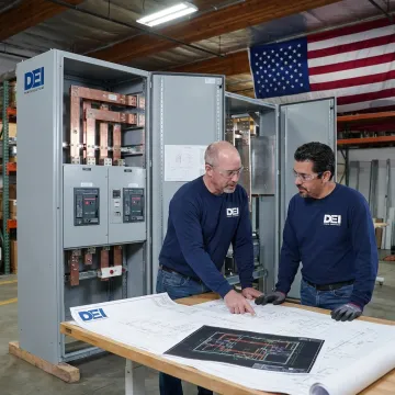 Engineers reviewing electrical switchboard drawings