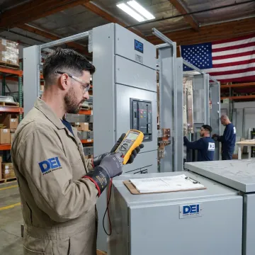 Technician inspecting switchgear assembly