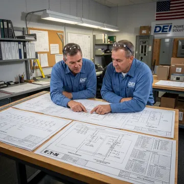 Industrial power distribution design team reviewing electrical plans