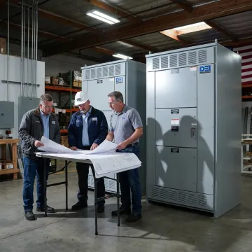Engineers reviewing commercial power distribution equipment