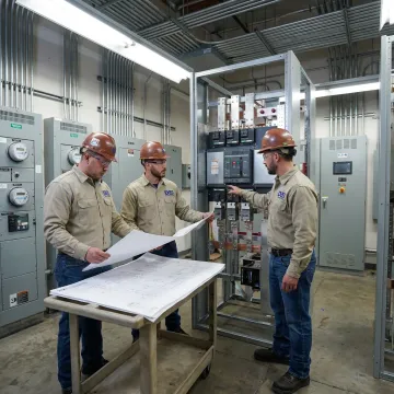 Engineers reviewing integrated metering system plans