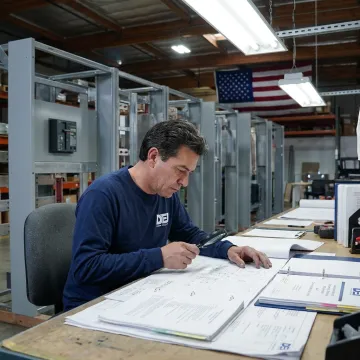 Technical specialist reviewing switchgear documentation