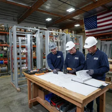 Engineers reviewing switchgear technical plans