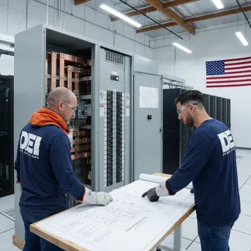 Engineers reviewing data center power distribution equipment