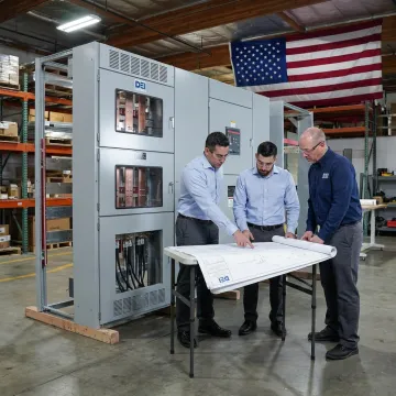Engineers reviewing switchgear for data center application