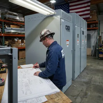 Engineer reviewing outdoor switchgear design