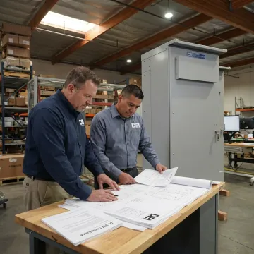 Engineers reviewing switchgear specifications