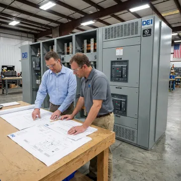 Engineers reviewing critical power equipment plans
