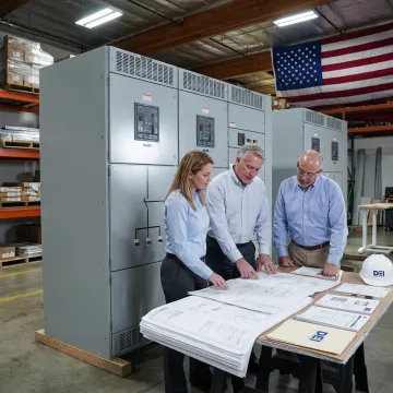 Engineers reviewing industrial switchgear specifications