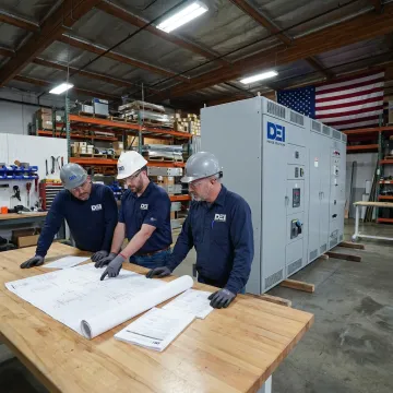 Engineers reviewing commercial power distribution equipment
