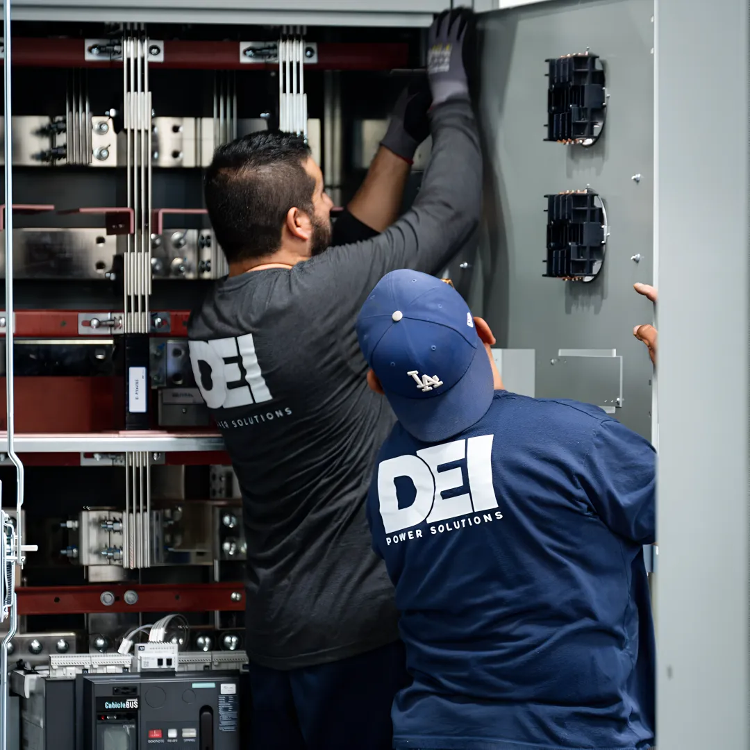 Engineers reviewing industrial switchgear specifications