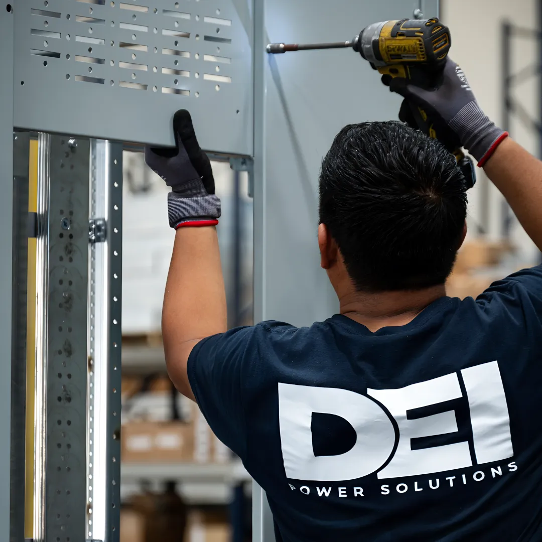 Engineer reviewing power distribution equipment plans