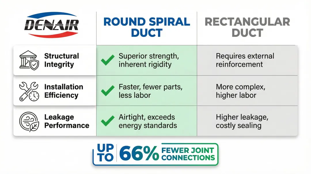 Round spiral versus rectangular ductwork performance and cost comparison infographic