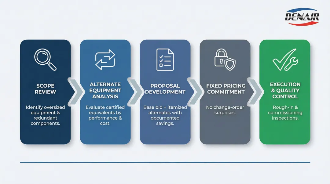 5-step HVAC value engineering process from scope review to quality control commissioning