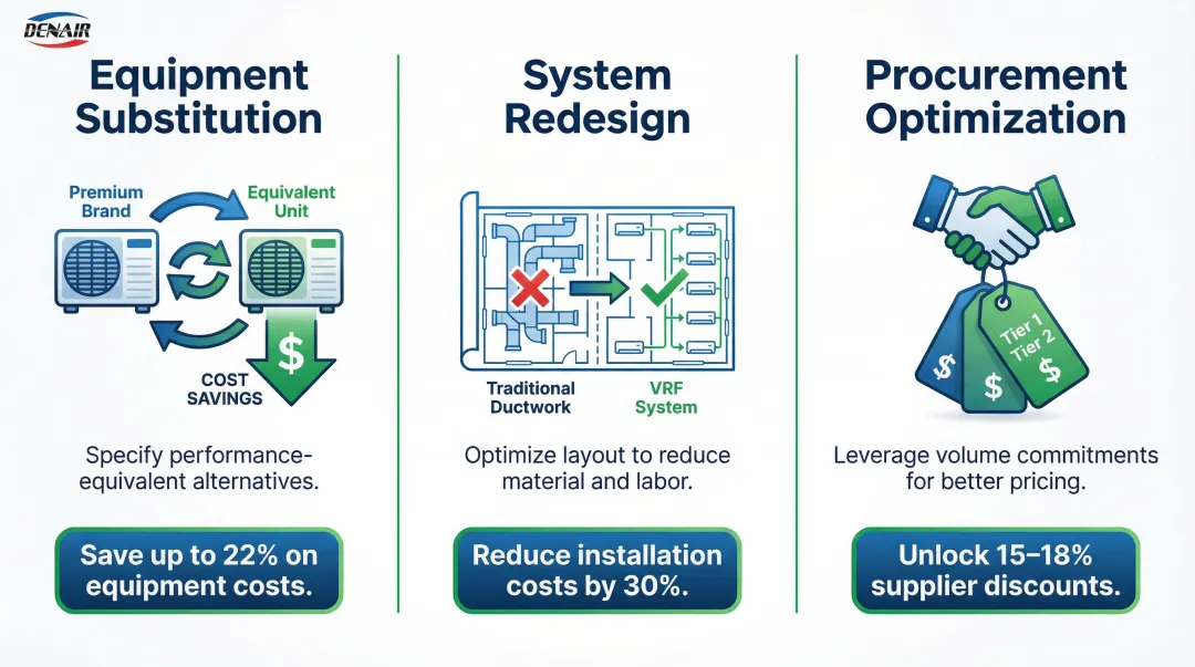 Three primary HVAC value engineering levers equipment substitution redesign procurement