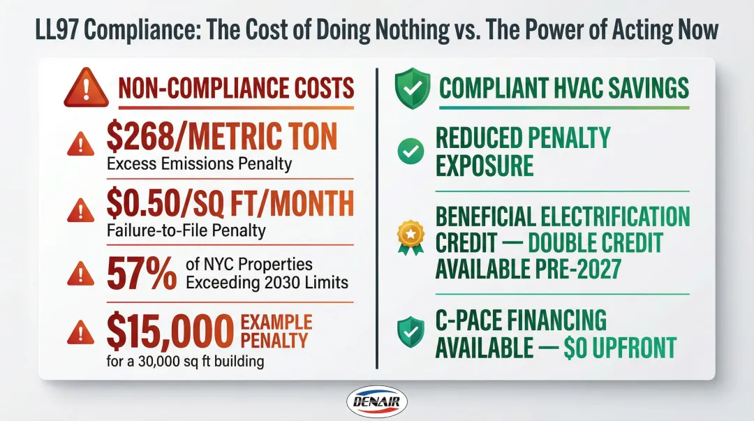 NYC Local Law 97 compliance penalties versus high-efficiency HVAC savings comparison chart