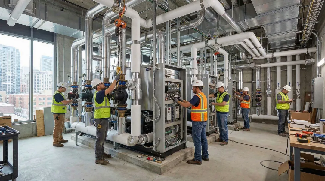 HVAC contractor installing commercial heat pump system in Manhattan building mechanical room