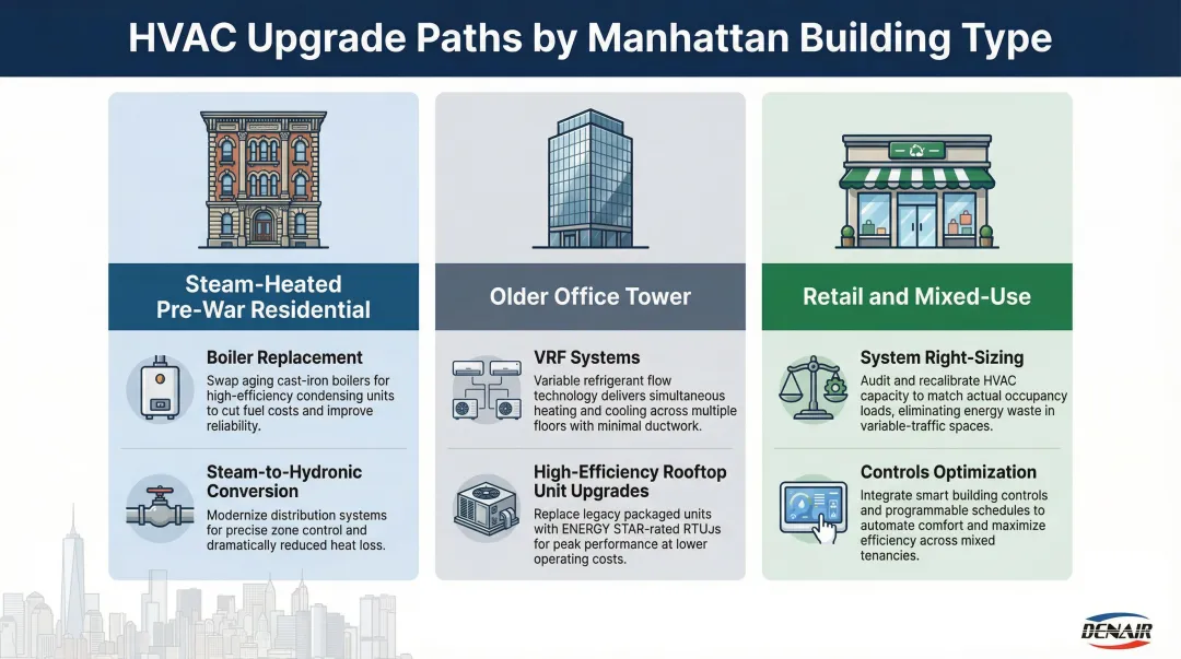 Manhattan building types LL97 HVAC upgrade paths by property classification infographic
