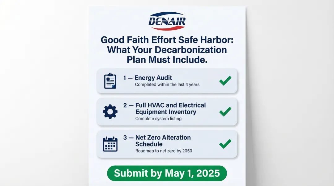 LL97 good faith decarbonization plan three required components checklist infographic