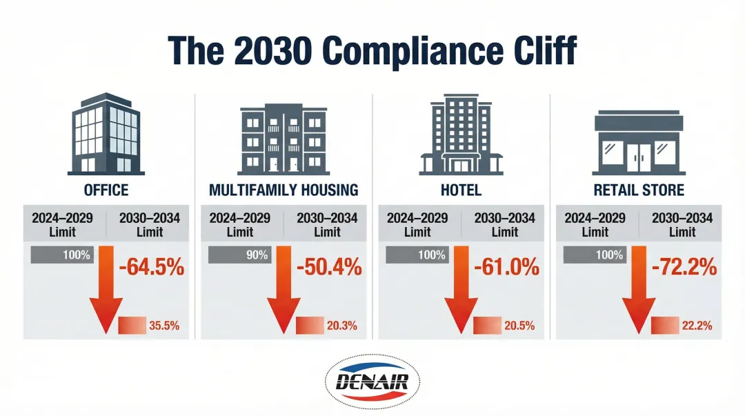 LL97 2024 versus 2030 emissions limits comparison table by building type