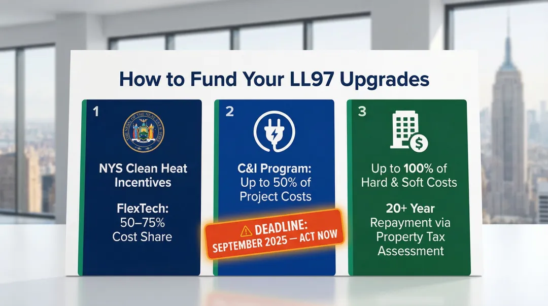 LL97 funding sources comparison NYSERDA rebates C-PACE financing and Con Edison programs