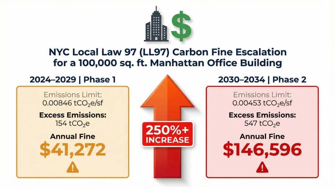 Manhattan office building LL97 annual penalty comparison 2024 versus 2030 compliance periods
