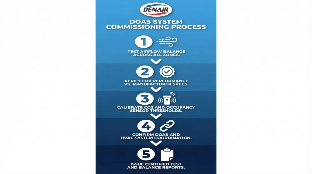 Five-step DOAS commissioning process from airflow balance testing to certified report