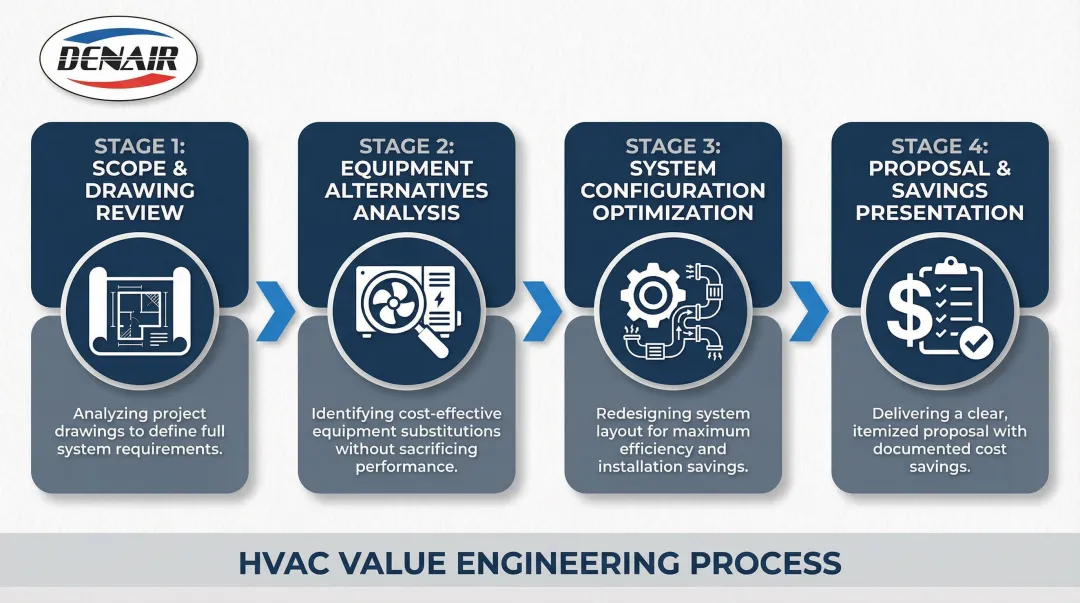 4-step HVAC value engineering process from scope review to savings proposal